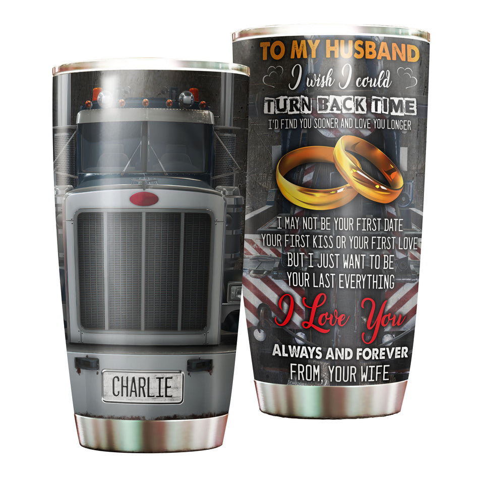 Camellia Personalized Silver Metal Truck To My Husband Stainless Steel Tumbler - Double-Walled Insulation Travel Thermal Cup With Lid Gift For Trucker Husband Valentines Day