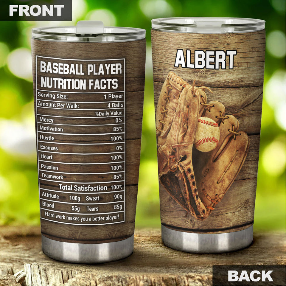 Camellia Personalized Baseball Player Nutrition Facts Stainless Steel Tumbler - Double-Walled Insulation Sporty Thermal Cup With Lid Gift For Sport Lover