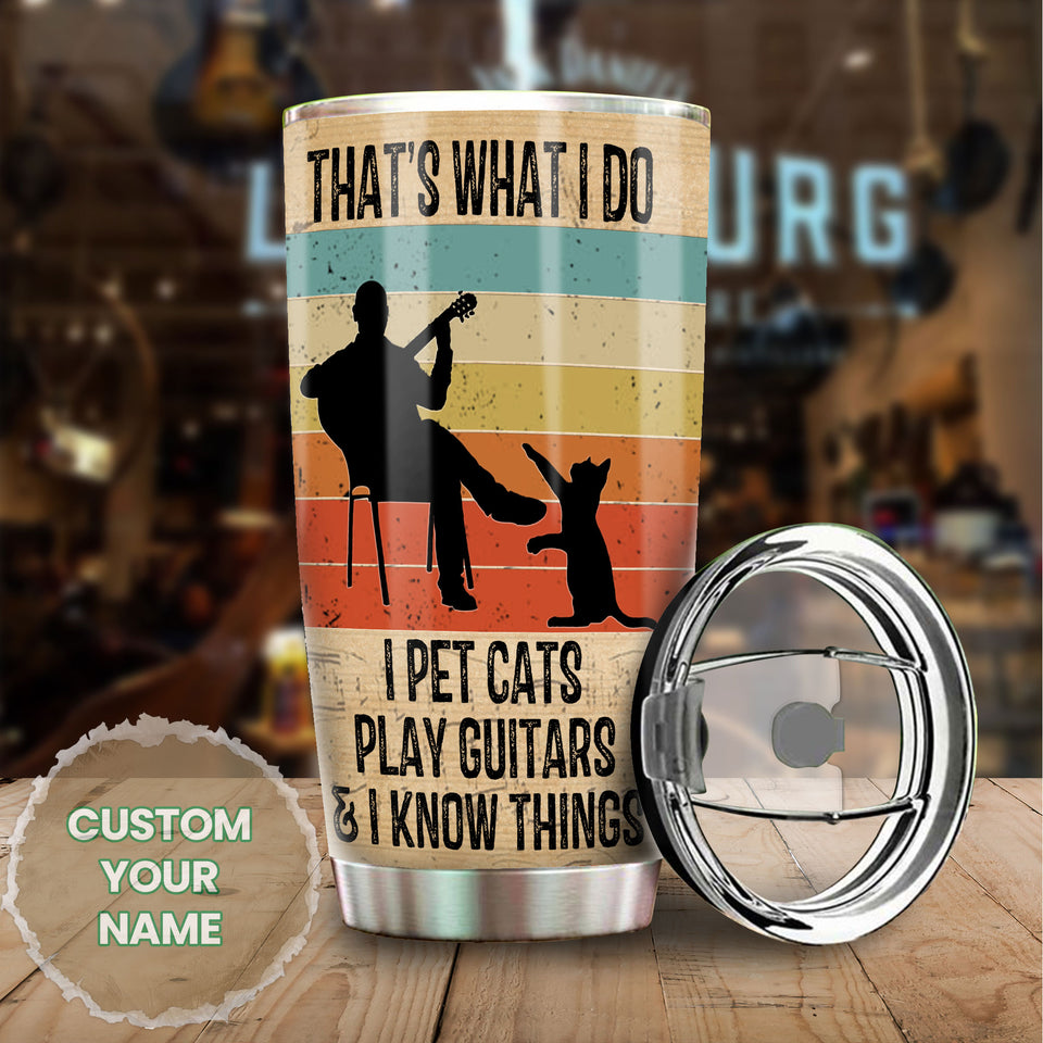 Camellia Personalized 3D Vintage Man Pets Cats Play Guitar And Know Things Stainless Steel Tumbler - Customized Double-Walled Insulation Therma Cup With Lid Gift For Guitarist