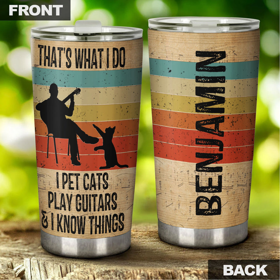 Camellia Personalized 3D Vintage Man Pets Cats Play Guitar And Know Things Stainless Steel Tumbler - Customized Double-Walled Insulation Therma Cup With Lid Gift For Guitarist