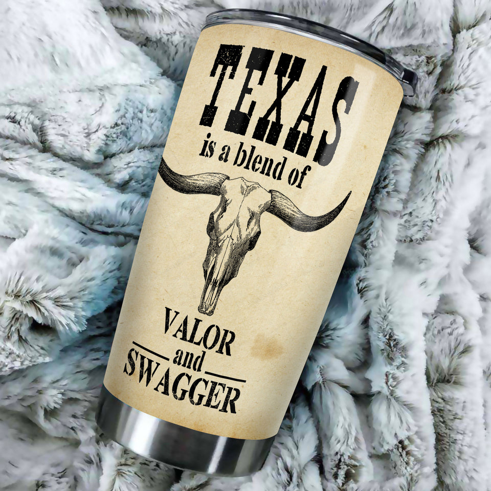 Camellia Personalized Longhorn Texas Blend Of Valor And Swagger Stainless Steel Tumbler - Double-Walled Insulation Travel Thermal Cup With Lid Gift For Texas Cowboy American