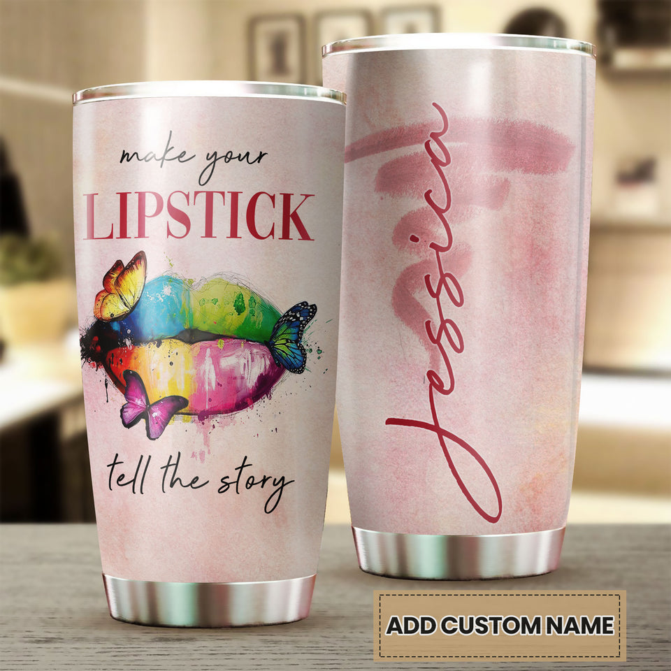 Personalized Hippie Colorful Make Your Lipstick Tell Story - double-wall vacuum insulated coffee travel tumbler detail