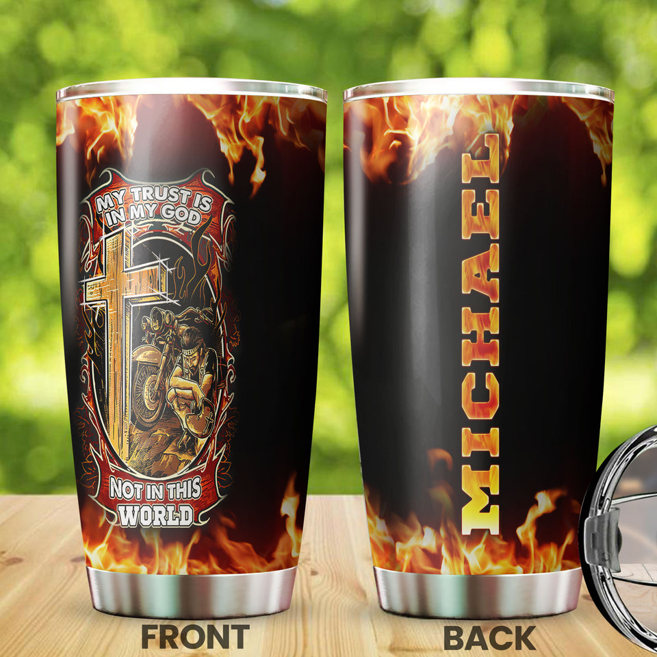 Camellia Personalized My Trust Is In God Biker Faith Motorcycling Stainless Steel Tumbler - Double-Walled Insulation Thermal Cup With Lid Gift For Biker Men Faith Believer