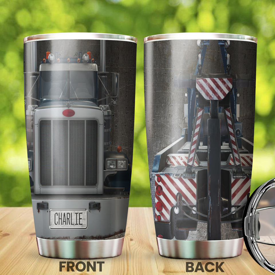 Camellia Personalized Silver Metal Truck Graphics Stainless Steel Tumbler - Double-Walled Insulation Travel Thermal Cup With Lid Gift For Trucker Men Truck Driver