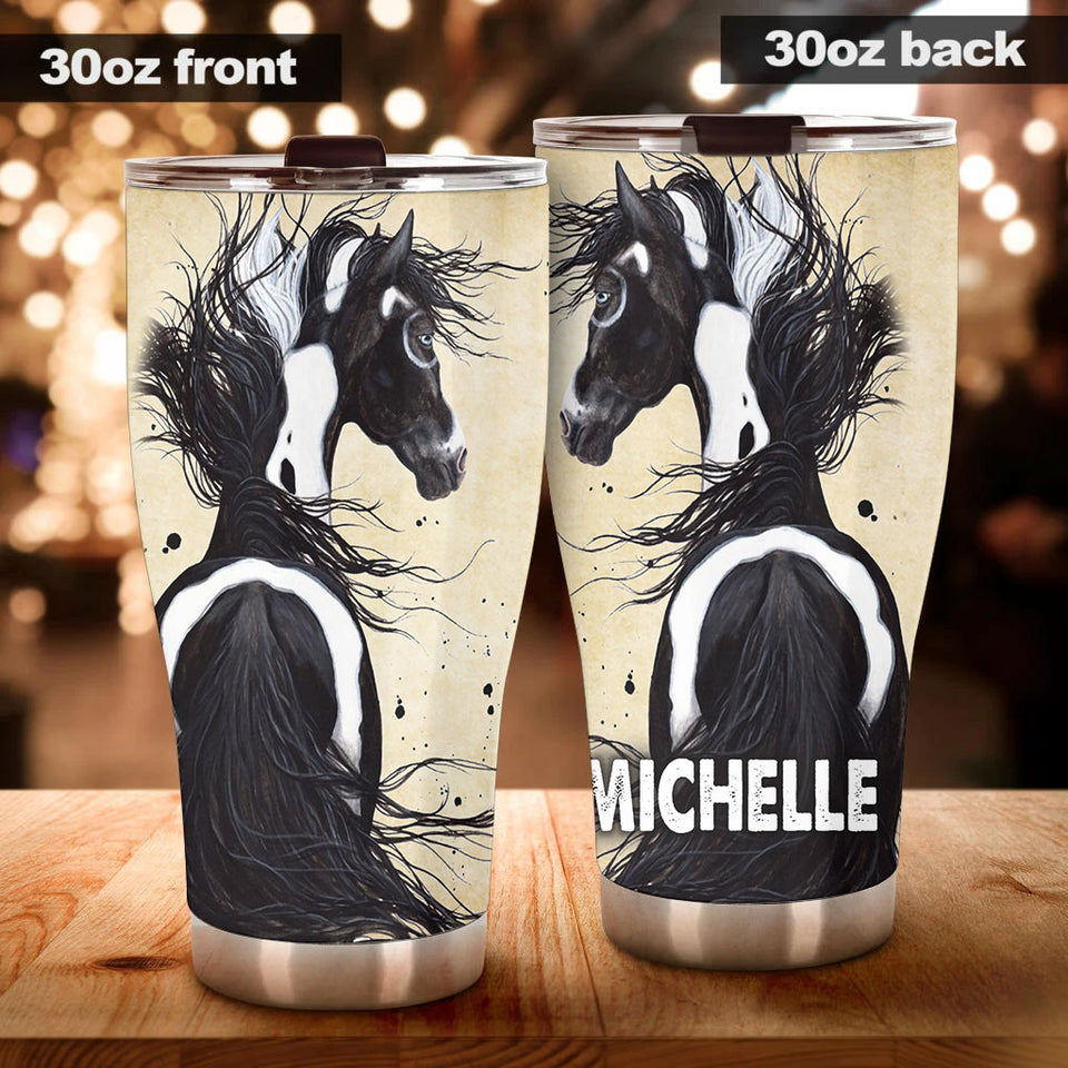 Camellia Personalized Horse Graphics Stainless Steel Tumbler - Double-Walled Insulation Travel Thermal Cup With Lid Gift For Horse Lover Barrel Racing Fan
