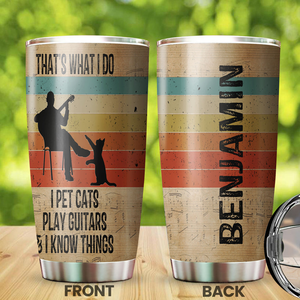 Camellia Personalized 3D Vintage Man Pets Cats Play Guitar And Know Things Stainless Steel Tumbler - Customized Double-Walled Insulation Therma Cup With Lid Gift For Guitarist