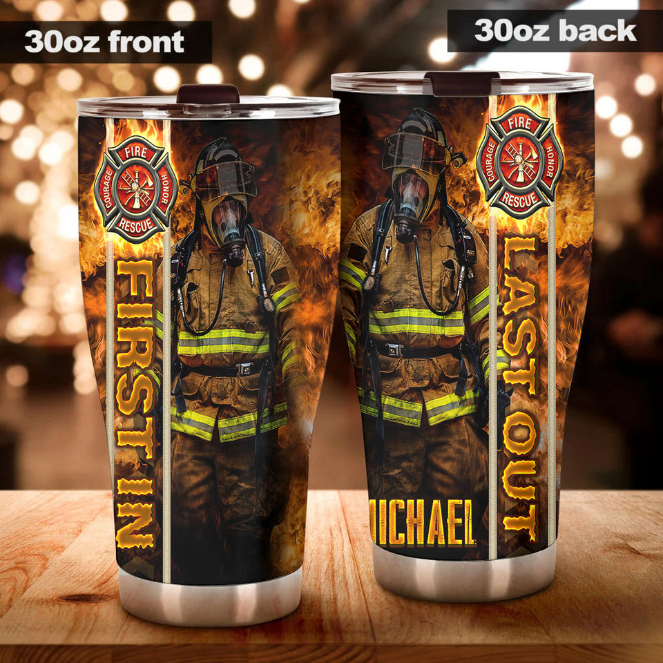 Camellia Personalized Firefighter Fire Honor Rescue Courage Graphics Stainless Steel Tumbler - Double-Walled Insulation Travel Thermal Cup With Lid Gift For Firemen Volunteer