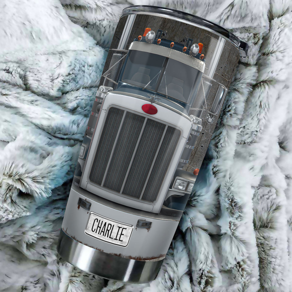 Camellia Personalized Silver Metal Truck Graphics Stainless Steel Tumbler - Double-Walled Insulation Travel Thermal Cup With Lid Gift For Trucker Men Truck Driver