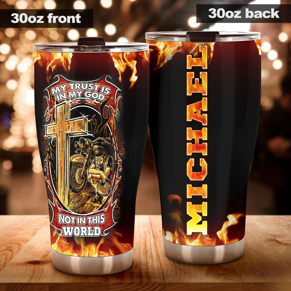 Camellia Personalized My Trust Is In God Biker Faith Motorcycling Stainless Steel Tumbler - Double-Walled Insulation Thermal Cup With Lid Gift For Biker Men Faith Believer
