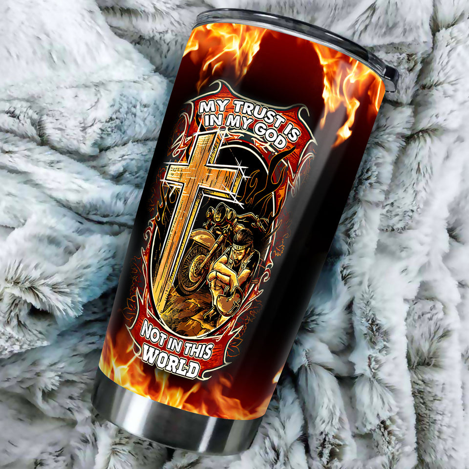Camellia Personalized My Trust Is In God Biker Faith Motorcycling Stainless Steel Tumbler - Double-Walled Insulation Thermal Cup With Lid Gift For Biker Men Faith Believer