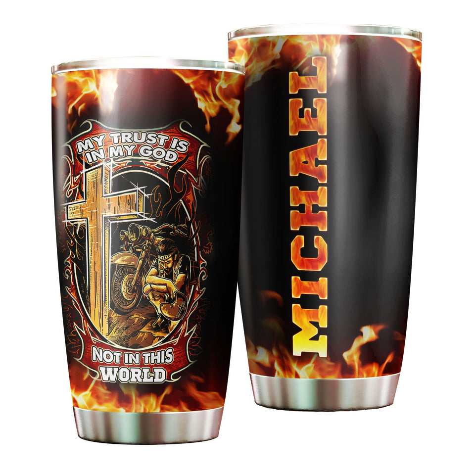 Camellia Personalized My Trust Is In God Biker Faith Motorcycling Stainless Steel Tumbler - Double-Walled Insulation Thermal Cup With Lid Gift For Biker Men Faith Believer
