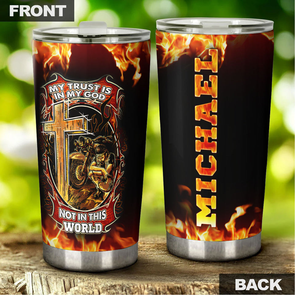 Camellia Personalized My Trust Is In God Biker Faith Motorcycling Stainless Steel Tumbler - Double-Walled Insulation Thermal Cup With Lid Gift For Biker Men Faith Believer