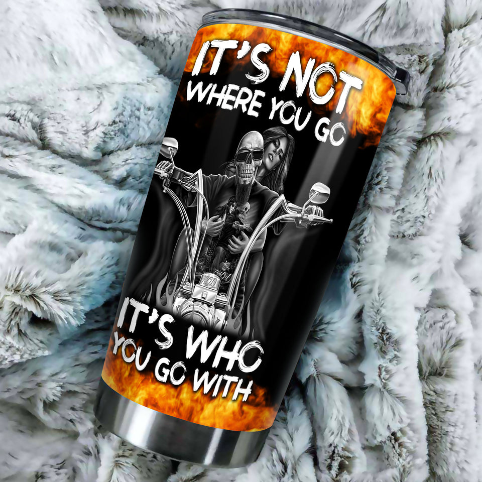 Camellia Personalized Biking Couple It's Who You Go With Skull Motorcycling Stainless Steel Tumbler - Double-Walled Insulation Thermal Cup With Lid Gift For Valentines