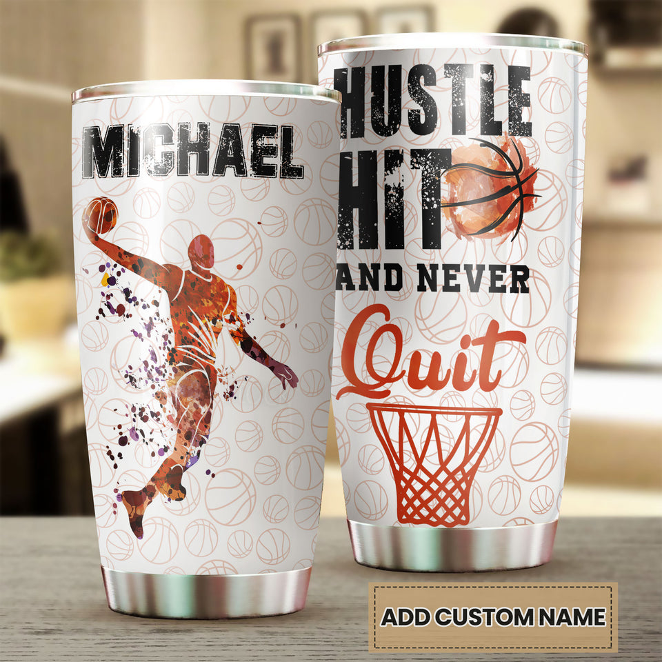 Personalized Basketball Hustle Hit and Never Quit Stainless - double-wall vacuum insulated coffee travel tumbler detail