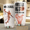 Personalized Basketball Hustle Hit and Never Quit Stainless - double-wall vacuum insulated coffee travel tumbler detail