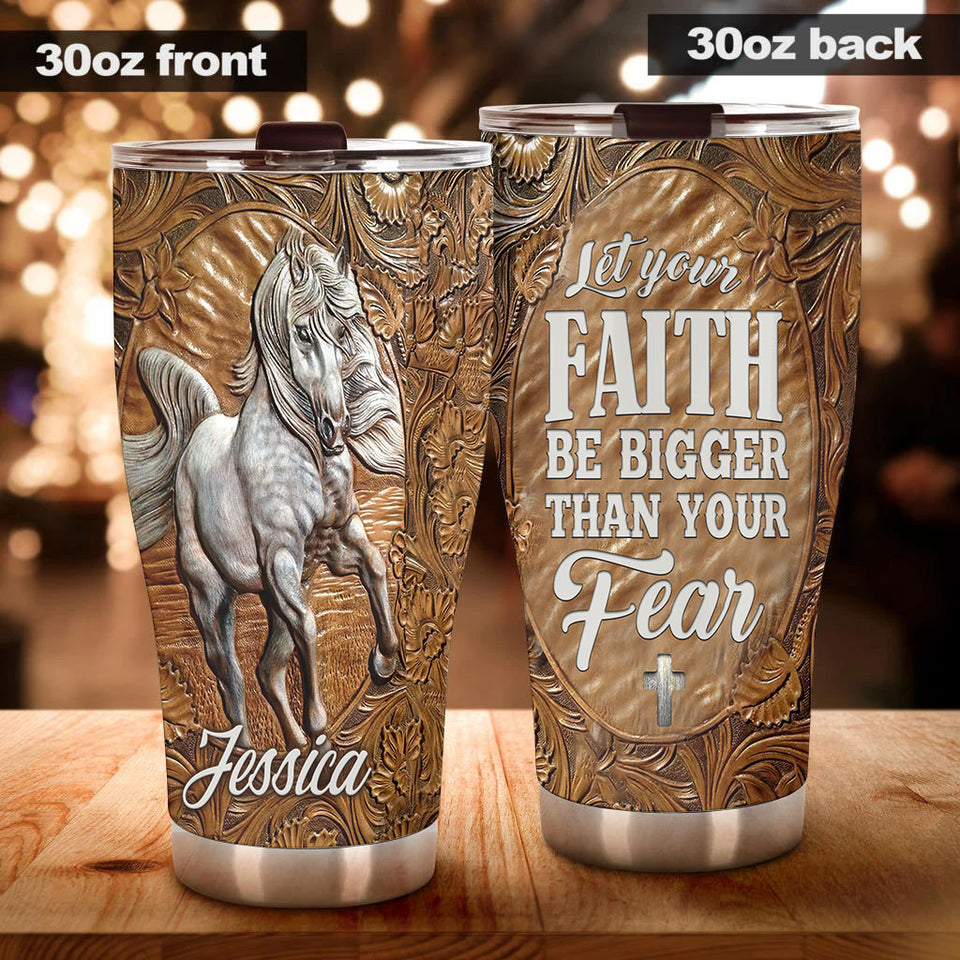 Camellia Personalized White Horse Let Faith Bigger Than Fear Wooden Stainless Steel Tumbler - Double-Walled Insulation Travel Thermal Cup With Lid Gift For Faith Believer