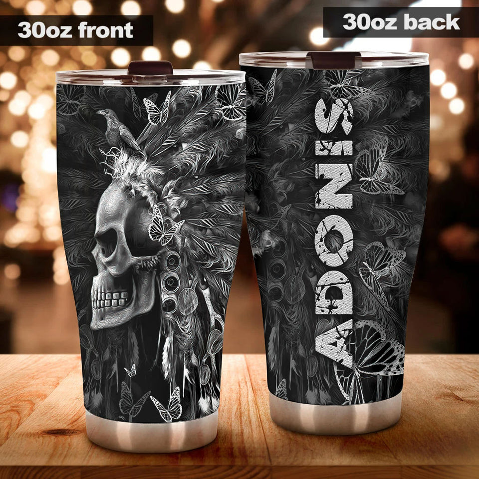 Personalized 3D Native American Gothic Skull Stainless Steel - double-wall vacuum insulated coffee travel tumbler detail