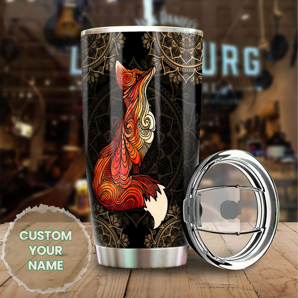Camellia Personalized Henna Pattern Fox Vintage Stainless Steel Tumbler - Double-Walled Insulation Travel Thermal Cup With Lid Gift For Hippie Hipster