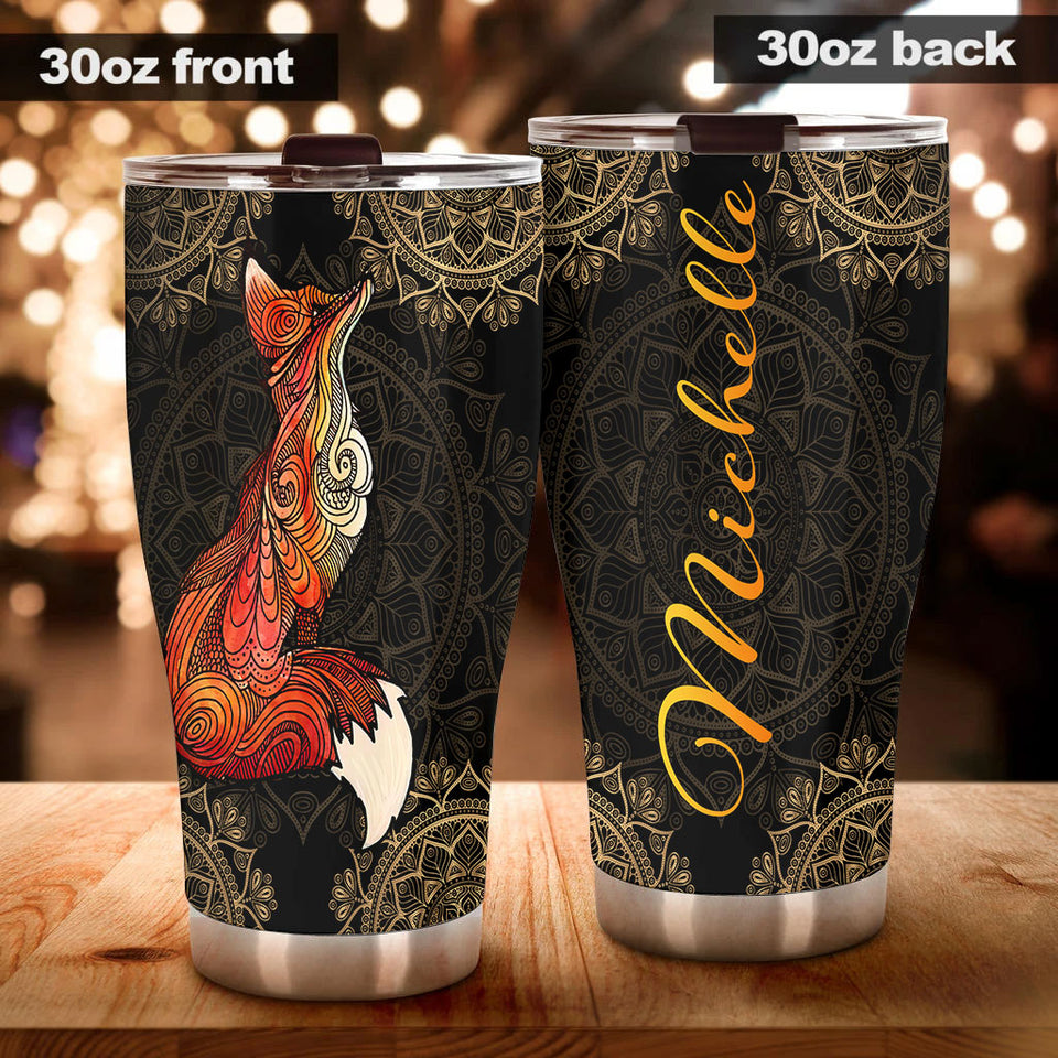 Camellia Personalized Henna Pattern Fox Vintage Stainless Steel Tumbler - Double-Walled Insulation Travel Thermal Cup With Lid Gift For Hippie Hipster