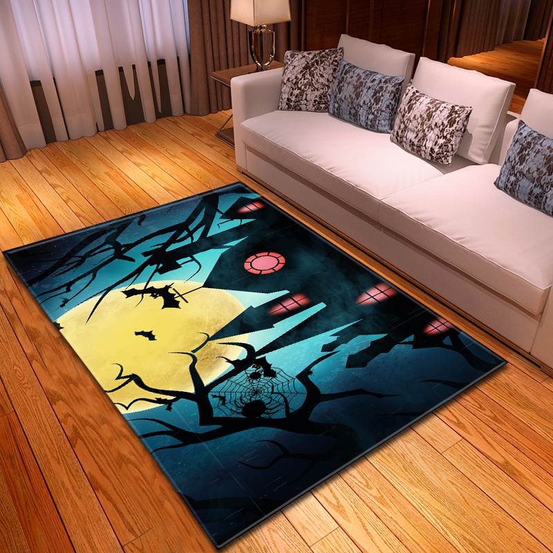 Halloween Spooky Bats and Creepy Spider on Mid Night Carpet - General soft non-slip area rug for living room & home decor