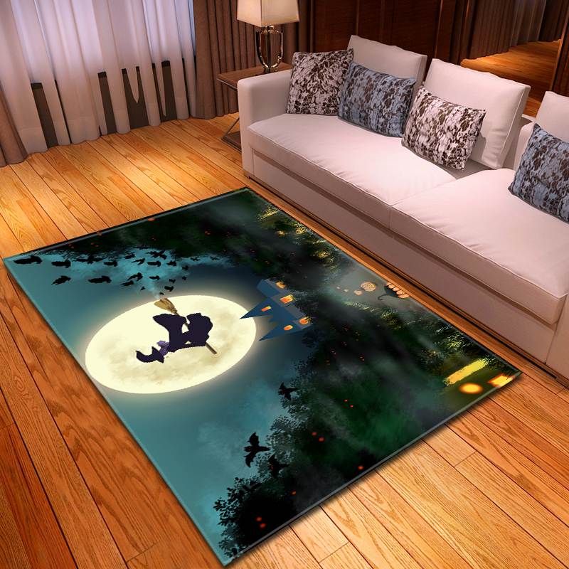 Scary Halloween the Witch Flying on the Magic Broom at Full Moon - General soft non-slip area rug for living room & home decor