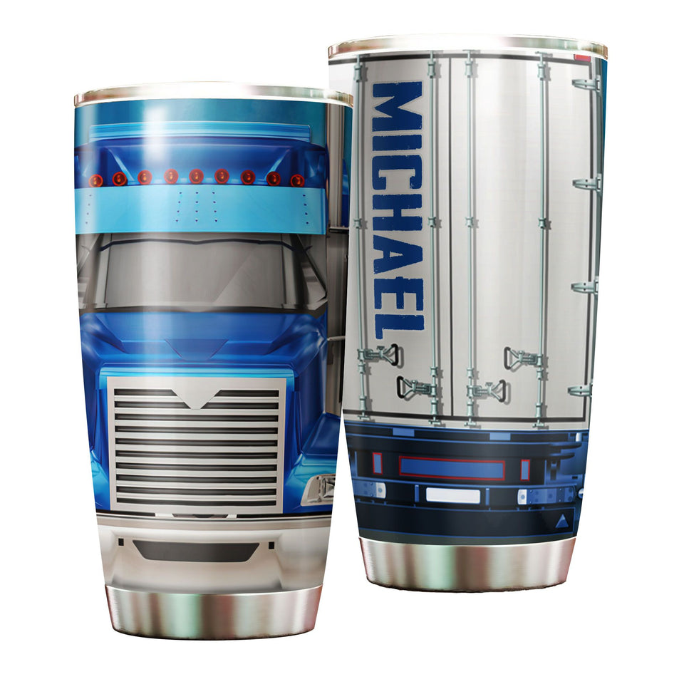Camellia Personalized Blue Truck Stainless Steel Tumbler - Double-Walled Insulation Vacumm Flask - Gift For Truck Drivers Gift