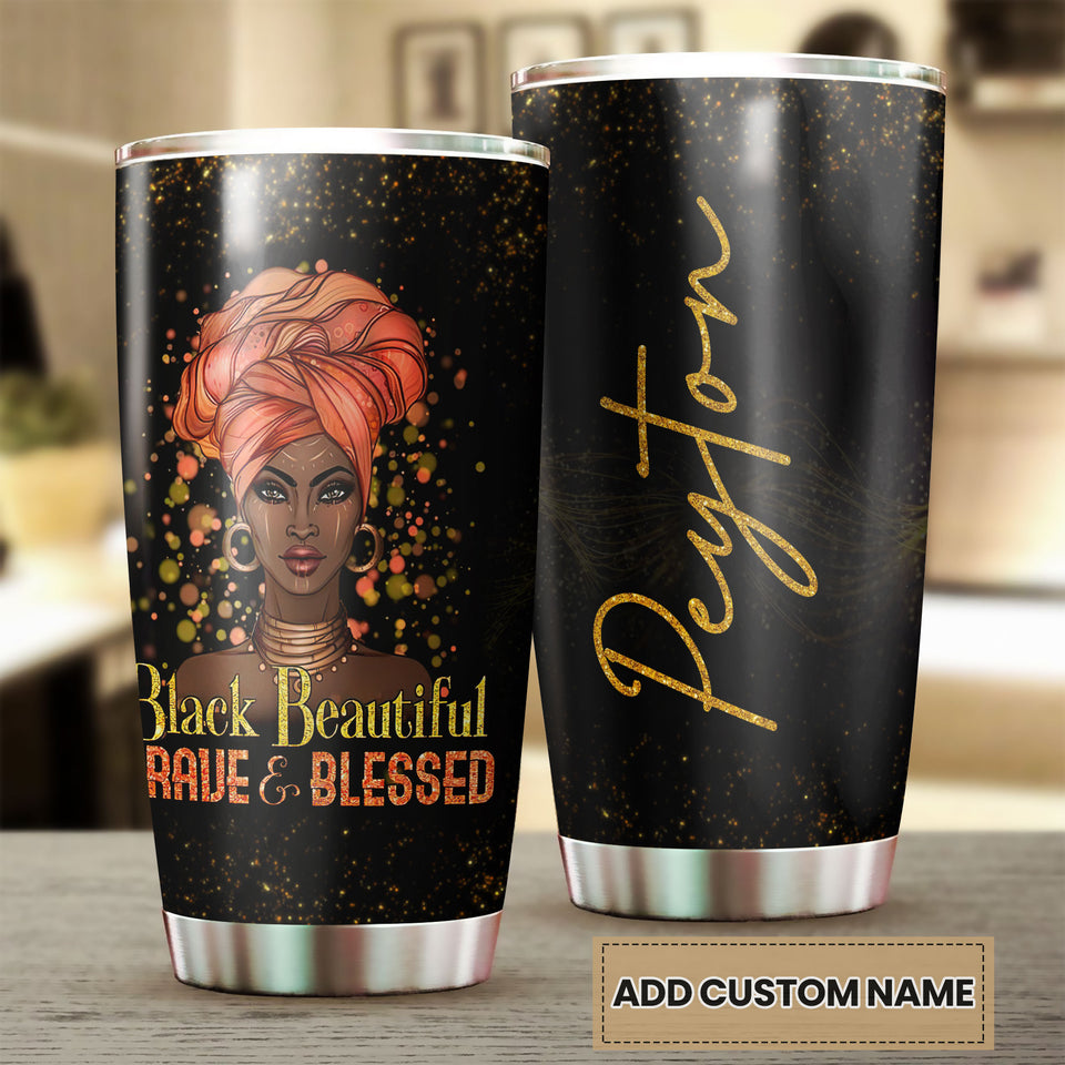 Camellia Personalized Black Woman Black Beautiful Brave Blessed Stainless Steel Tumbler - Double-Walled Insulation Vacumm Flask - Gift For Black Queen, International Women's Day, Hippie Girls