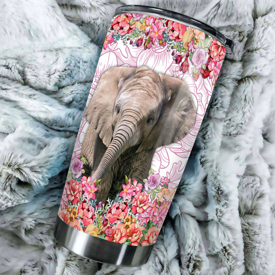 Camellia Personalized Elephant With Colorful Flower Stainless Steel Tumbler-Sweat-Proof Travel Therma Cup With Lid