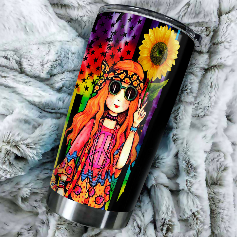 Camellia Personalized Color Girl Hippie Girl And Sunflower Stainless Steel Tumbler-Double-Walled Insulation Travel Cup With Lid