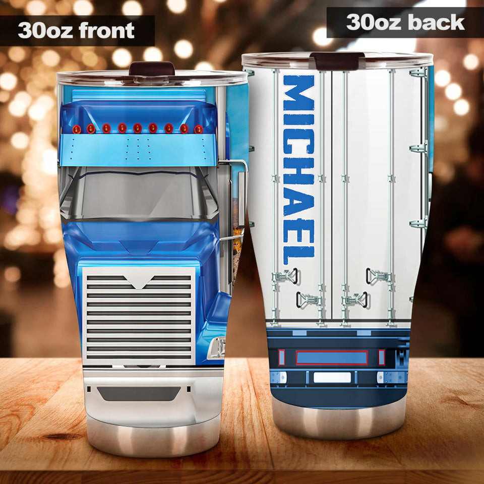 Camellia Personalized Blue Truck Stainless Steel Tumbler - Double-Walled Insulation Vacumm Flask - Gift For Truck Drivers Gift