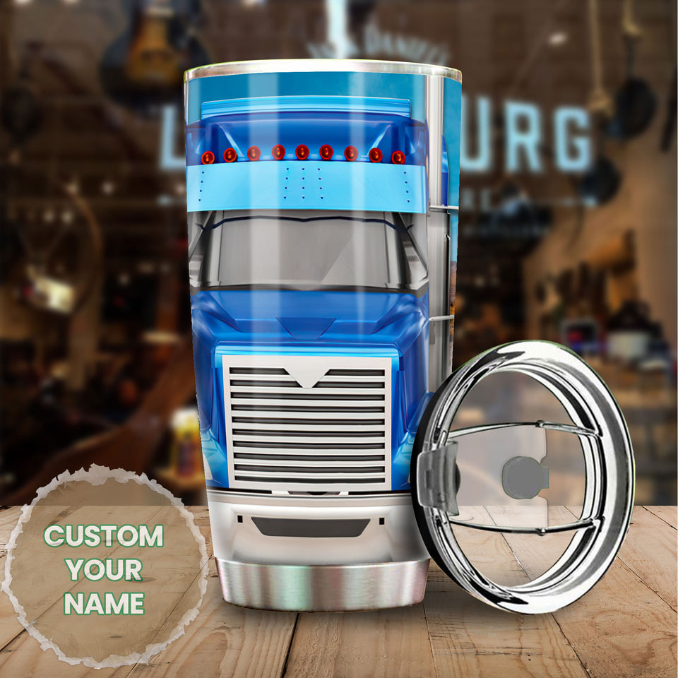 Camellia Personalized Blue Truck Stainless Steel Tumbler - Double-Walled Insulation Vacumm Flask - Gift For Truck Drivers Gift