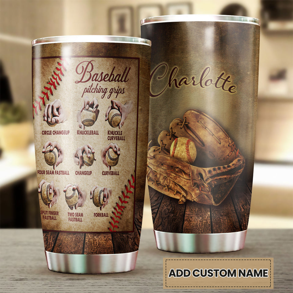 Camellia Persionalized 3D Baseball Pitching Grips Stainless Steel Tumbler - Customized Double - Walled Insulation Travel Thermal Cup With Lid Gift For Baseball Player