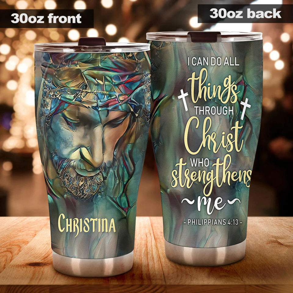 Camellia Persionalized 3D Christ Strengthens Stainless Steel Tumbler - Customized Double - Walled Insulation Thermal Cup With Lid Gift For Christian