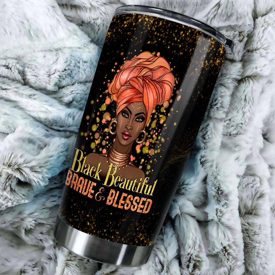 Camellia Personalized Black Woman Black Beautiful Brave Blessed Stainless Steel Tumbler - Double-Walled Insulation Vacumm Flask - Gift For Black Queen, International Women's Day, Hippie Girls
