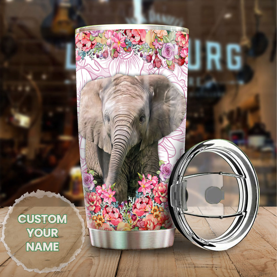 Camellia Personalized Elephant With Colorful Flower Stainless Steel Tumbler-Sweat-Proof Travel Therma Cup With Lid