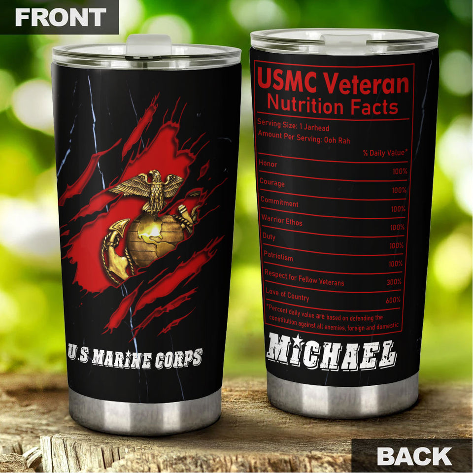 Camellia Personalized Marine Corps Nutrition Facts Stainless Steel Tumbler-Sweat-Proof Double Wall Travel Cup With Lid