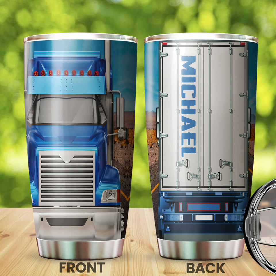 Camellia Personalized Blue Truck Stainless Steel Tumbler - Double-Walled Insulation Vacumm Flask - Gift For Truck Drivers Gift