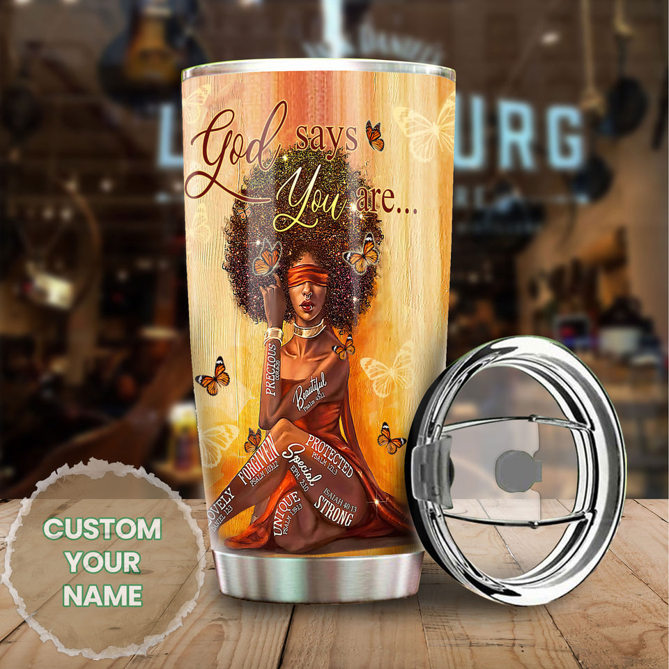Camellia Personalized Black Women Stainless Steel Tumbler - Double-Walled Insulation Vacumm Flask - Gift For Black Queen, International Women's Day, Hippie Girls 13
