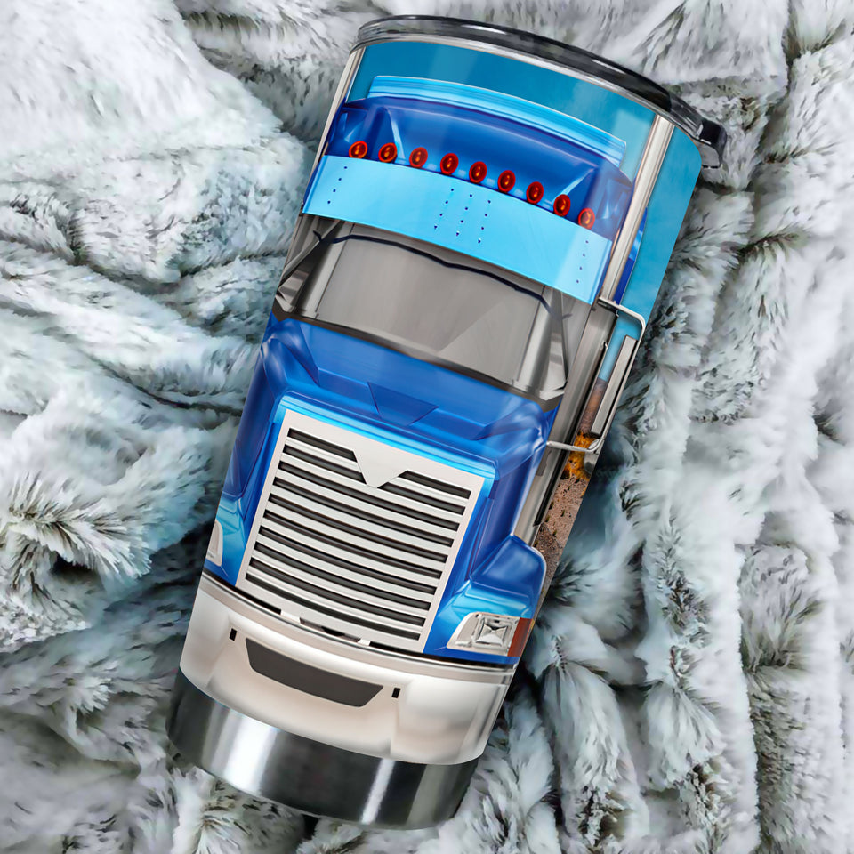 Camellia Personalized Blue Truck Stainless Steel Tumbler - Double-Walled Insulation Vacumm Flask - Gift For Truck Drivers Gift