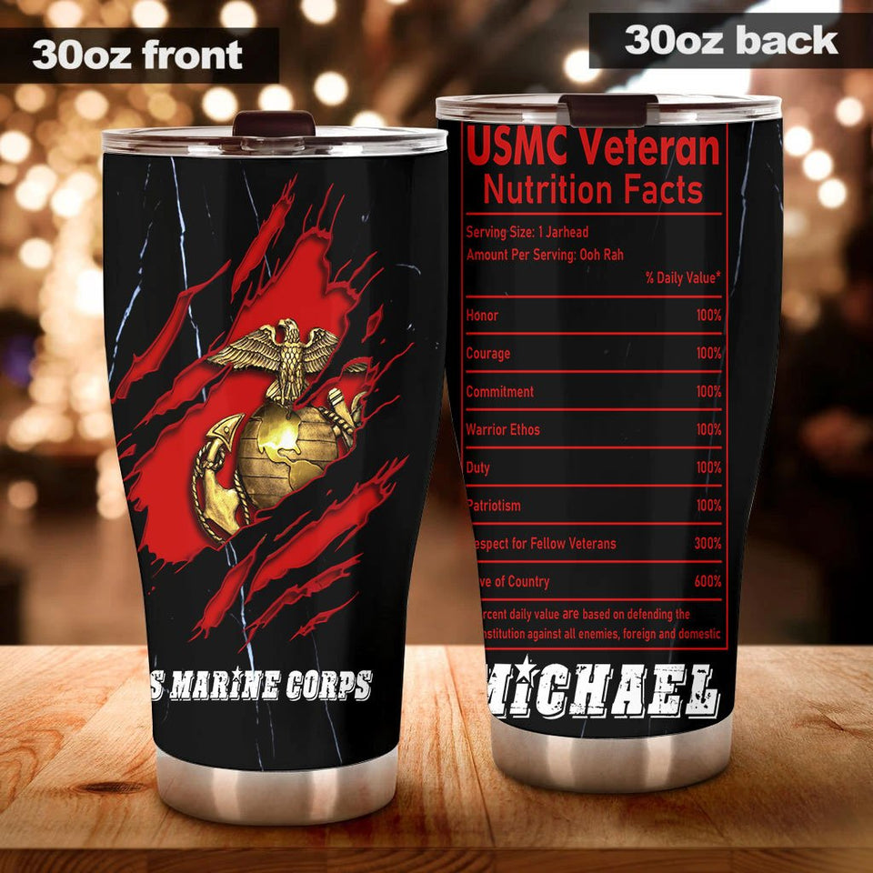 Camellia Personalized Marine Corps Nutrition Facts Stainless Steel Tumbler-Sweat-Proof Double Wall Travel Cup With Lid