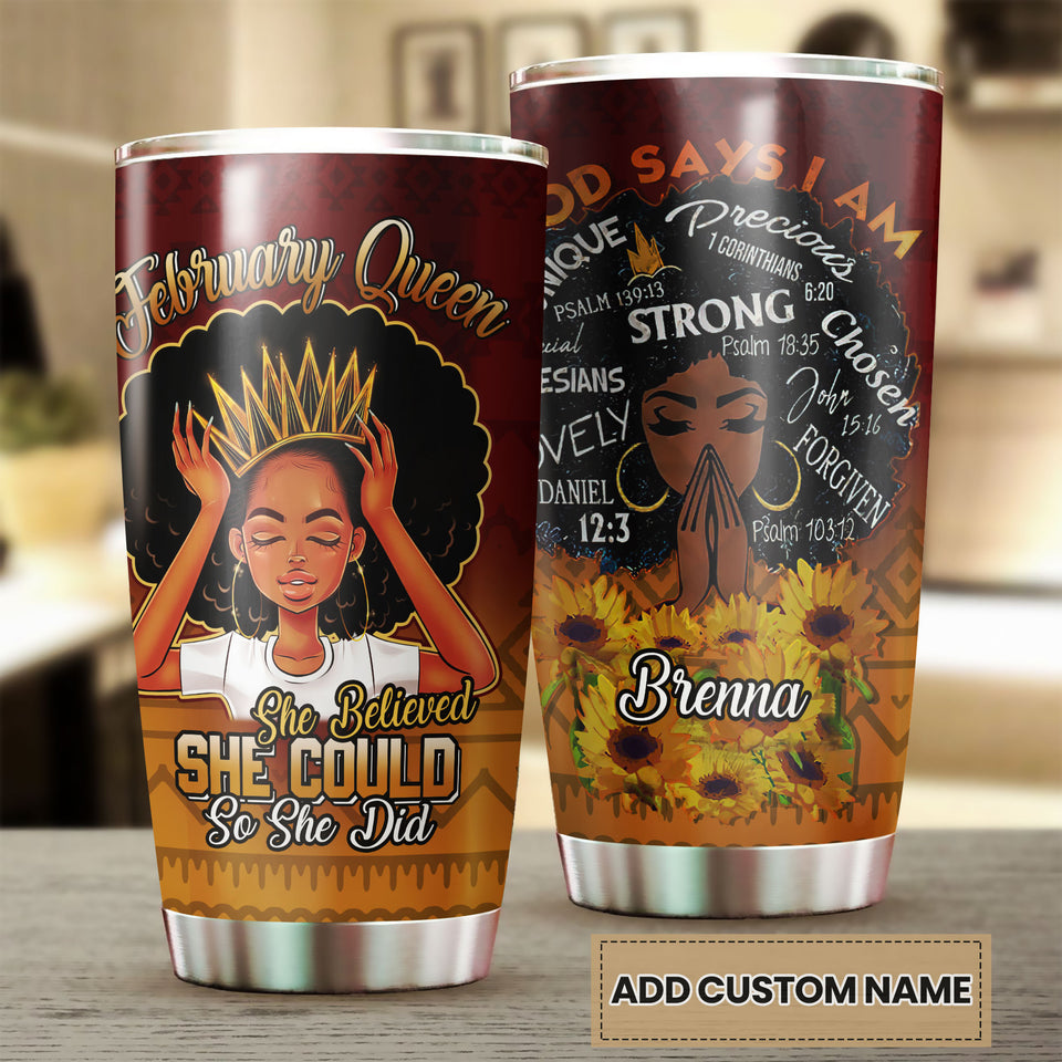 Camellia Personalized Black Woman February Queen Stainless Steel Tumbler - Double-Walled Insulation Vacumm Flask - Gift For Black Queen, International Women's Day, Hippie Girls