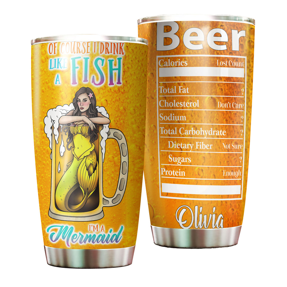 Camellia Personalized Beer Mermaid Stainless Steel Tumbler - Double-Walled Insulation Vacumm Flask - Gift For Beer Lovers, International Beer's Day
