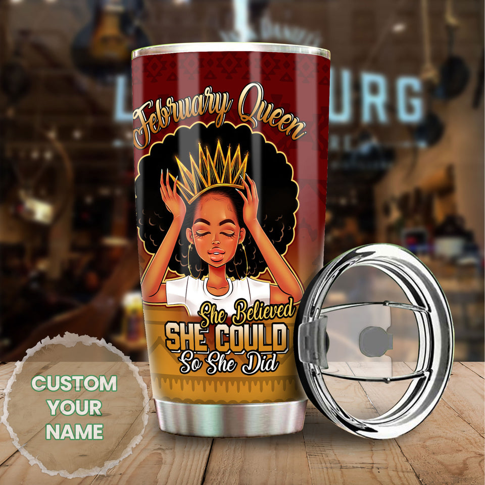 Camellia Personalized Black Woman February Queen Stainless Steel Tumbler - Double-Walled Insulation Vacumm Flask - Gift For Black Queen, International Women's Day, Hippie Girls
