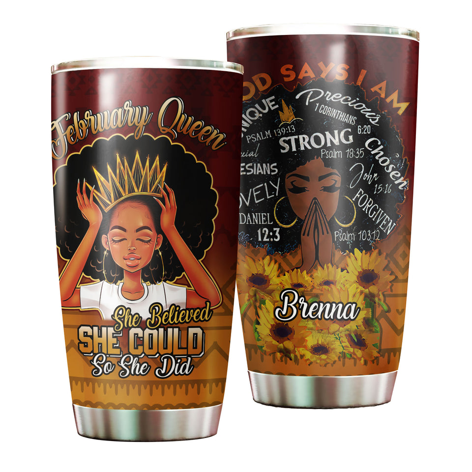 Camellia Personalized Black Woman February Queen Stainless Steel Tumbler - Double-Walled Insulation Vacumm Flask - Gift For Black Queen, International Women's Day, Hippie Girls
