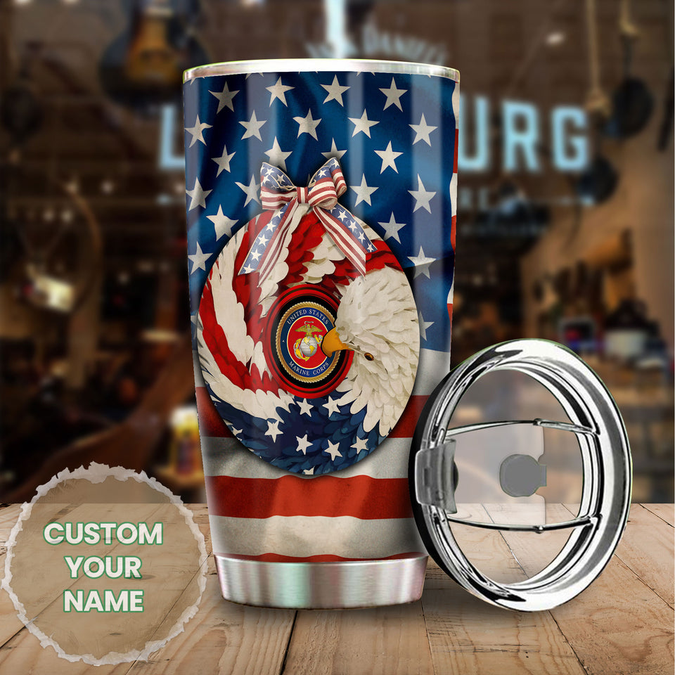 Camellia Personalized American Eagle Marine Corps Stainless Steel Tumbler - Double-Walled Insulation Vacumm Flask - Gift For American Veterans, Christmas, Thanksgiving
