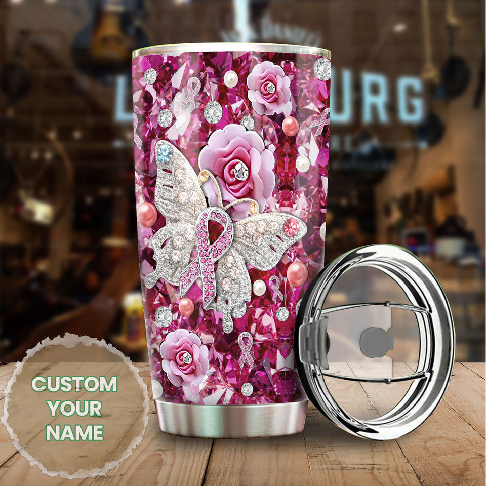 Camellia Personalized Butterfly And Pink Flowers Jewerly Style Stainless Steel Tumbler-Double-Walled Insulation Travel Cup With Lid Gift For Female
