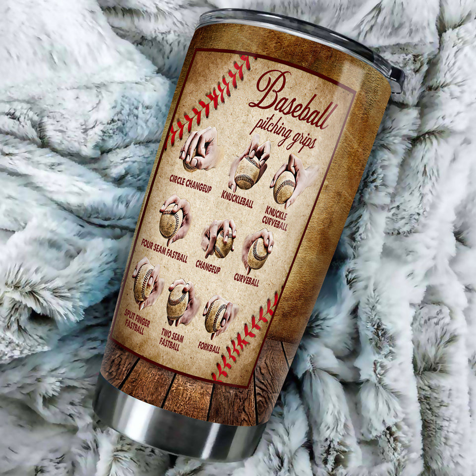 Camellia Persionalized 3D Baseball Pitching Grips Stainless Steel Tumbler - Customized Double - Walled Insulation Travel Thermal Cup With Lid Gift For Baseball Player
