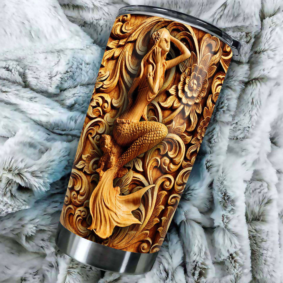Camellia Personalized Mermaid wooden Style Stainless Steel Tumbler-Double-Walled Insulation Travel Cup With Lid