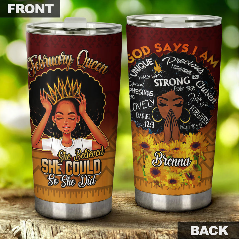 Camellia Personalized Black Woman February Queen Stainless Steel Tumbler - Double-Walled Insulation Vacumm Flask - Gift For Black Queen, International Women's Day, Hippie Girls