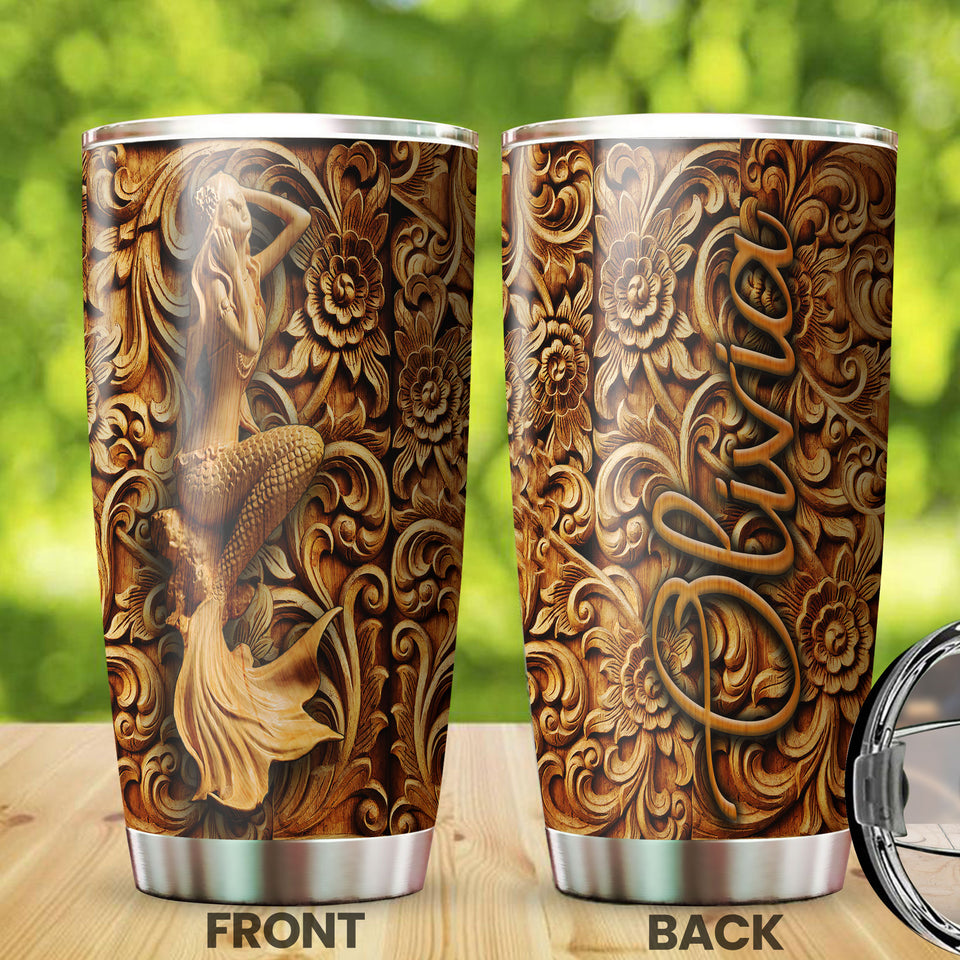 Camellia Personalized Mermaid wooden Style Stainless Steel Tumbler-Double-Walled Insulation Travel Cup With Lid